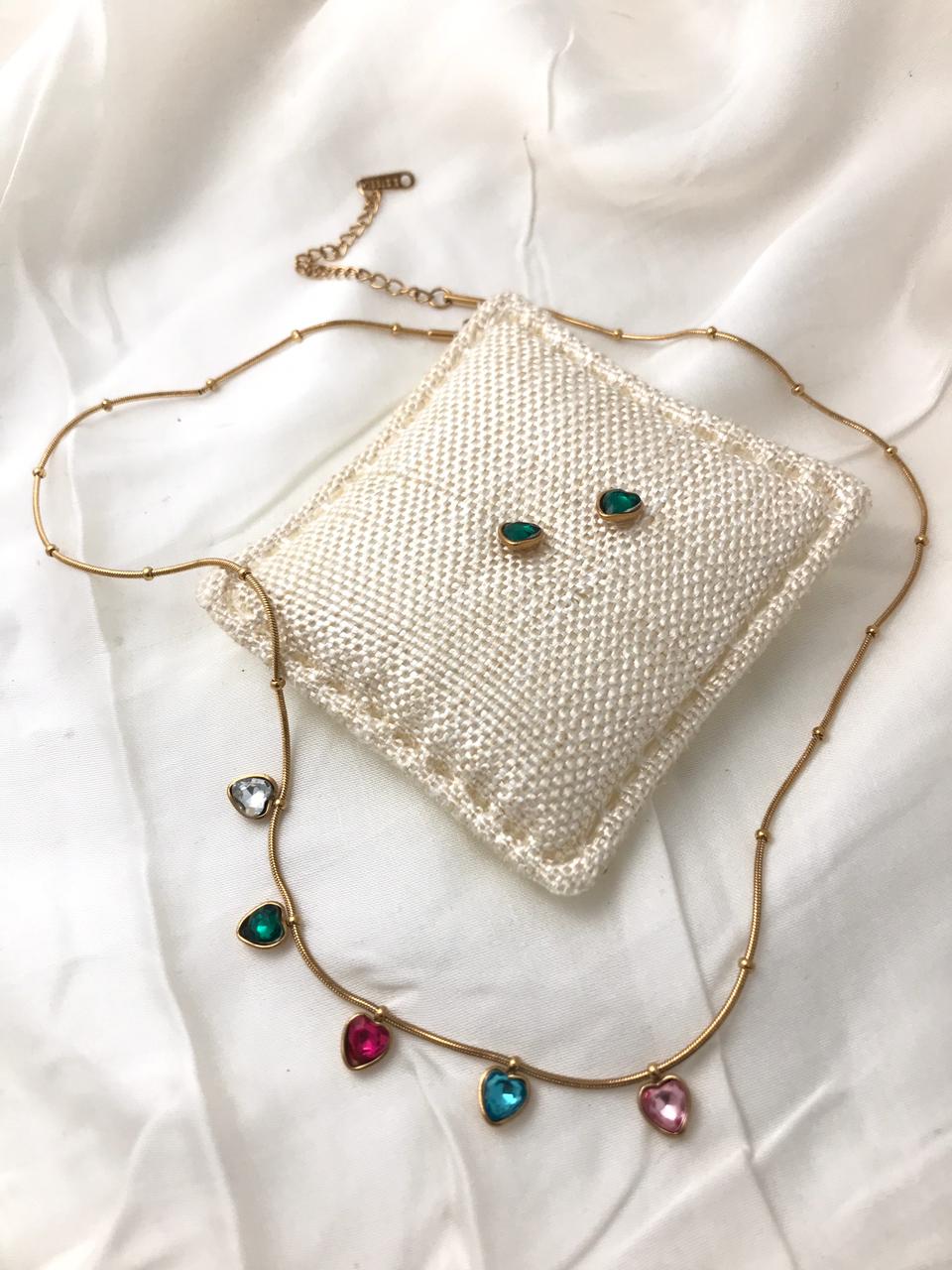 Gold-Tone Multi-color Heart Crystal Necklace