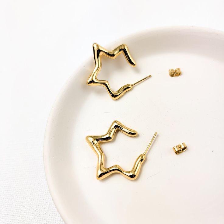 Gold Star Shaped Hoops Earrings