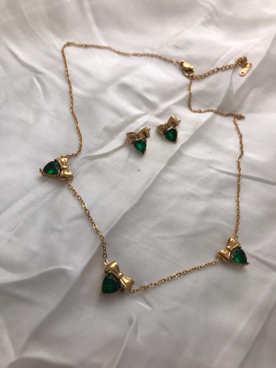 Gold-Tone Bow And Emerald Crystal Necklace
