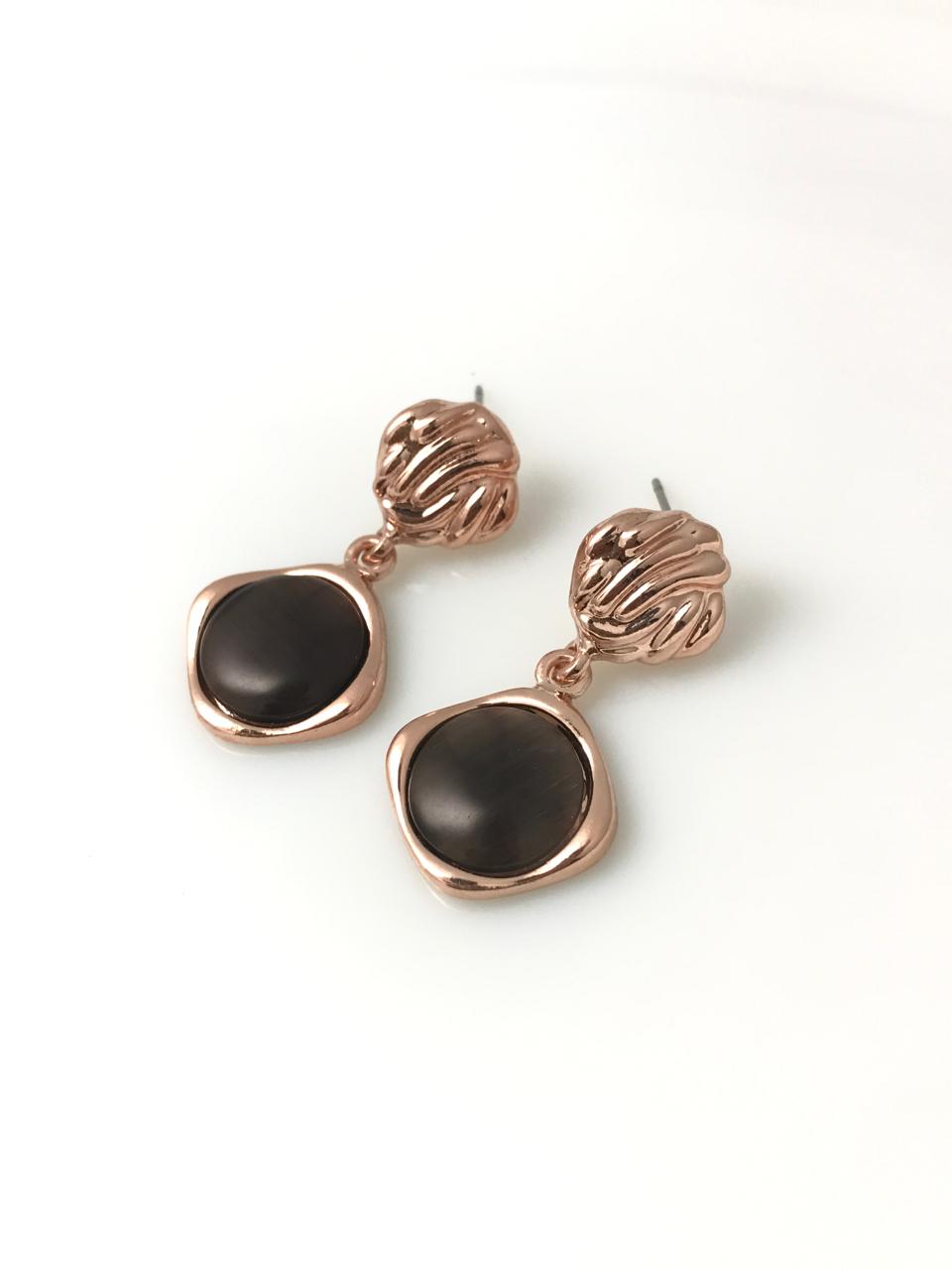 Rose Gold-Plated Black Stone Drop Earrings.
