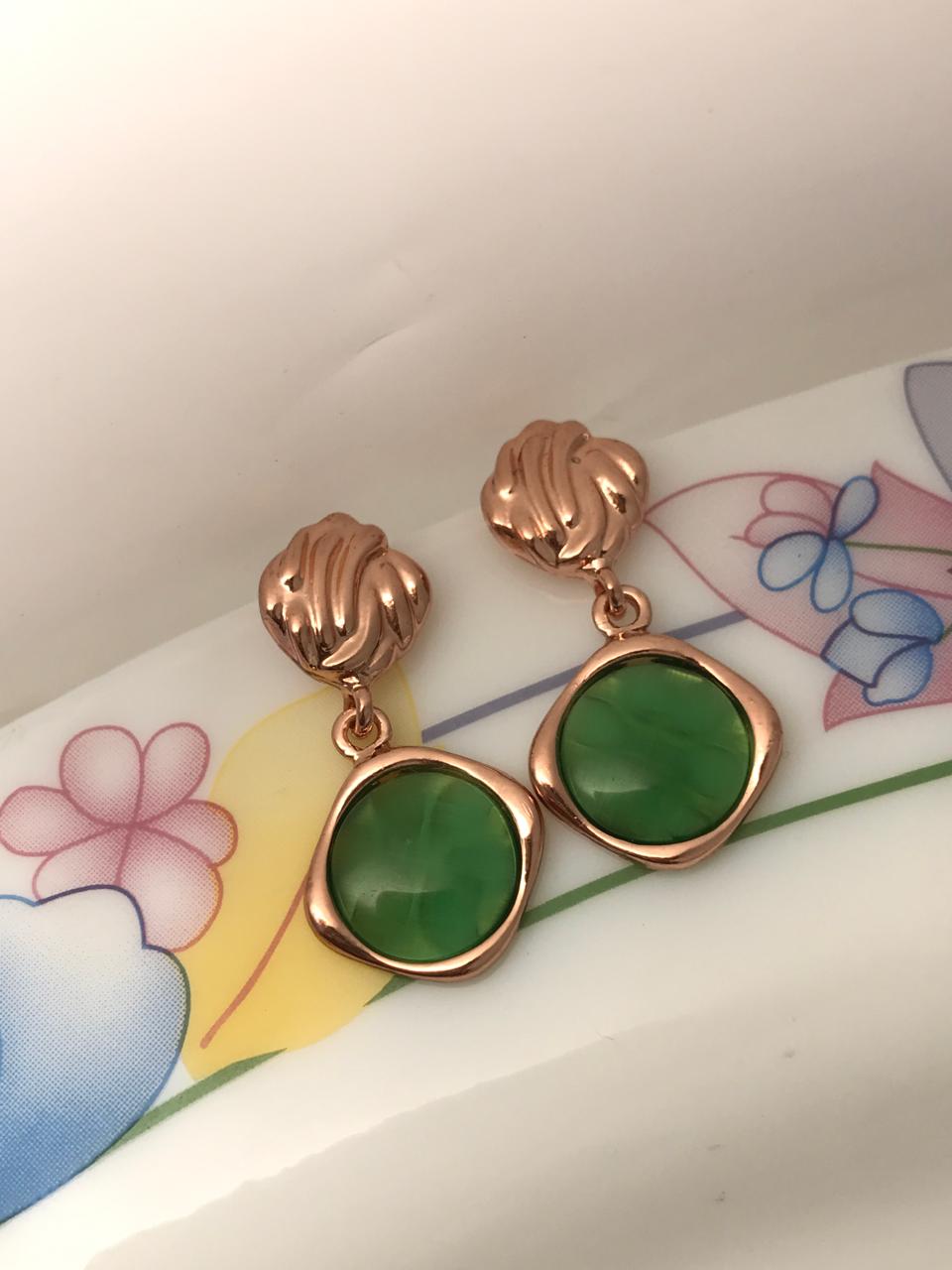 Rose Gold-Plated Emerald Green Stone Drop Earrings