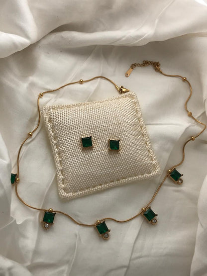 Gold-Tone Green Square Crystal  Necklace