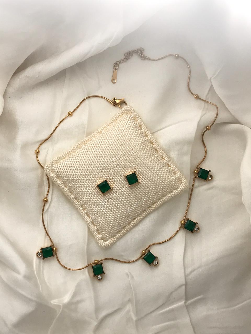 Gold-Tone Green Square Crystal  Necklace