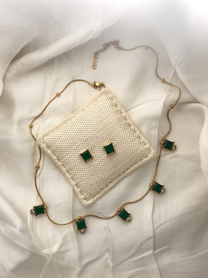 Gold-Tone Green Square Crystal  Necklace