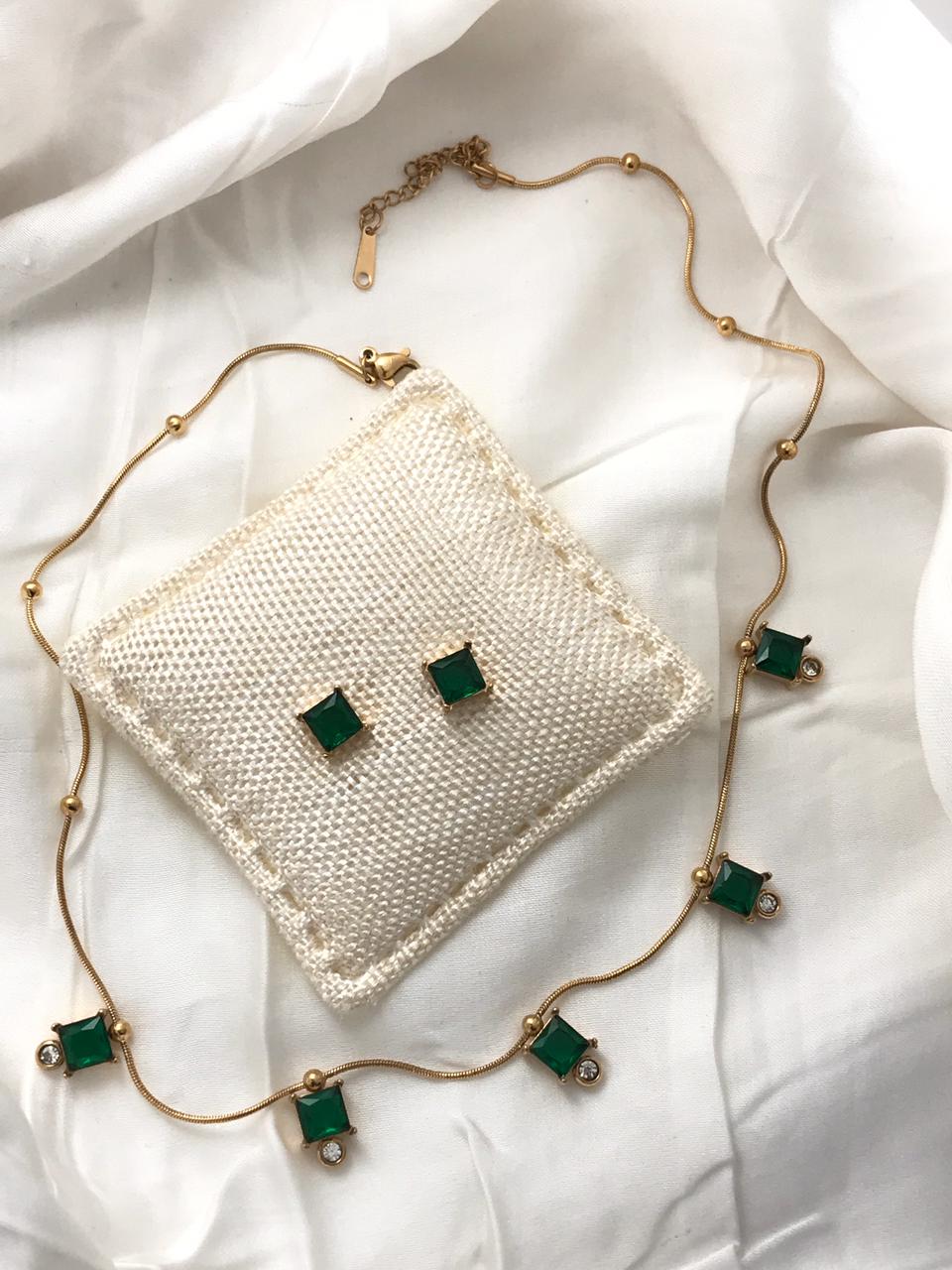 Gold-Tone Green Square Crystal  Necklace
