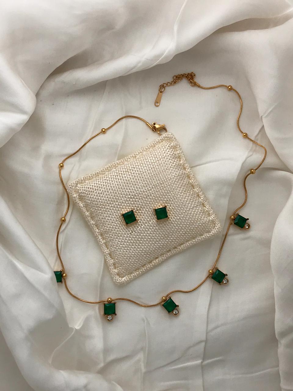Gold-Tone Green Square Crystal  Necklace