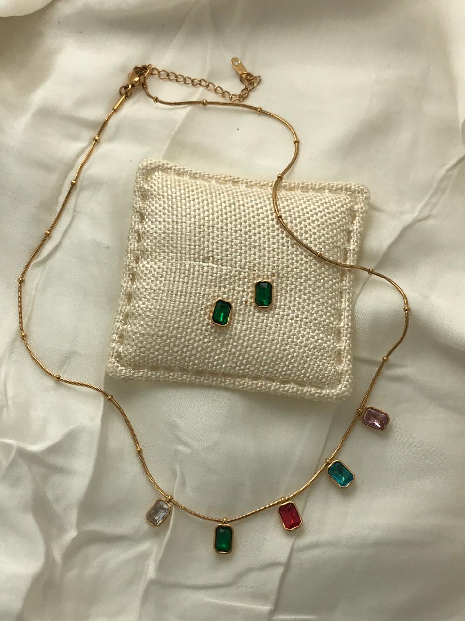 Gold-Tone Multi-color Square Crystal  Necklace