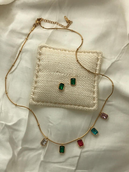 Gold-Tone Multi-color Square Crystal  Necklace