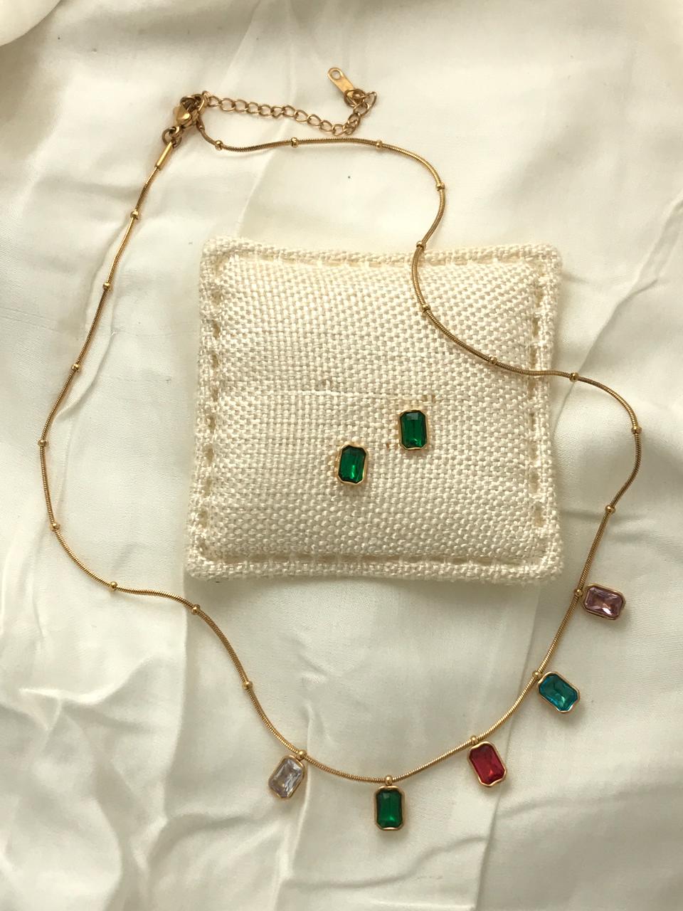 Gold-Tone Multi-color Square Crystal  Necklace