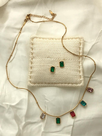 Gold-Tone Multi-color Square Crystal  Necklace