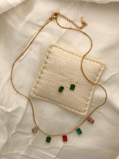 Gold-Tone Multi-color Square Crystal  Necklace