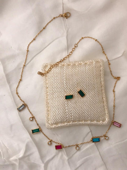 Gold-Tone Multi-color Square Crystal  Necklace