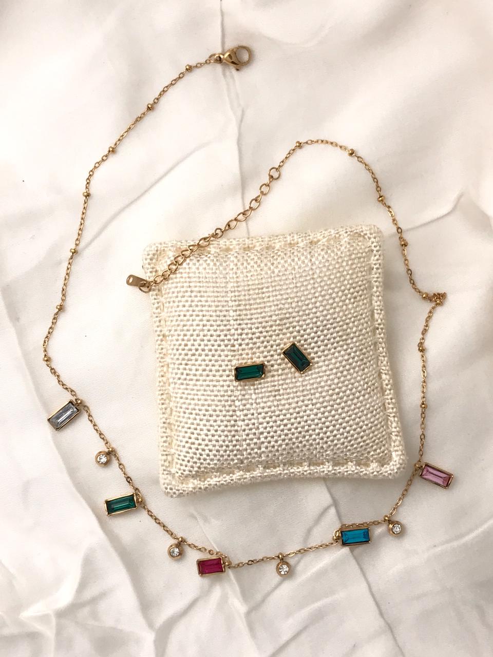 Gold-Tone Multi-color Square Crystal  Necklace