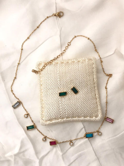 Gold-Tone Multi-color Square Crystal  Necklace