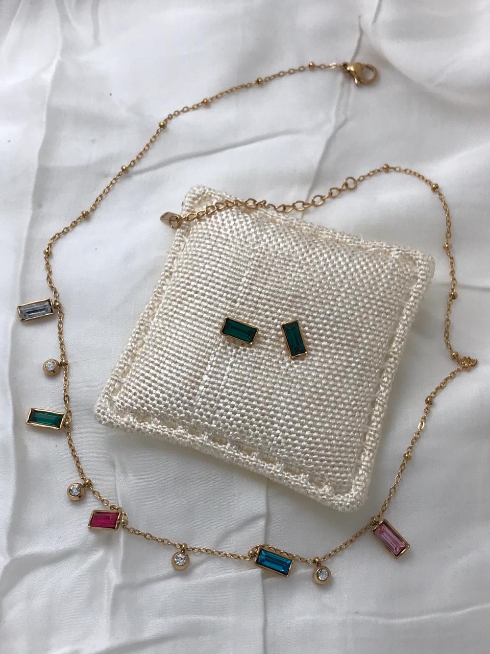 Gold-Tone Multi-color Square Crystal  Necklace