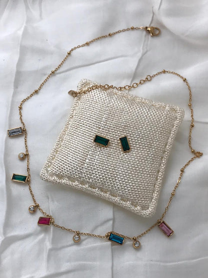 Gold-Tone Multi-color Square Crystal  Necklace