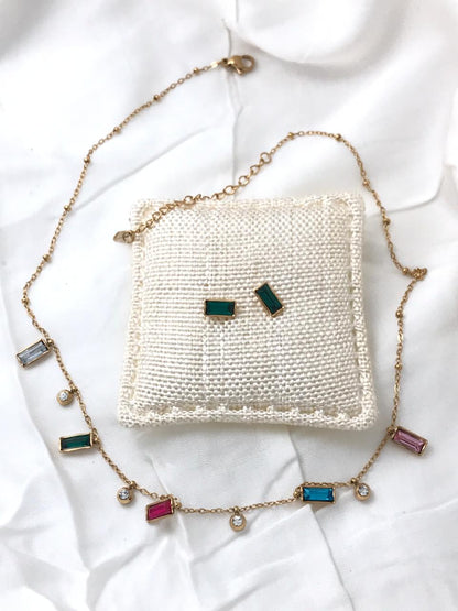 Gold-Tone Multi-color Square Crystal  Necklace