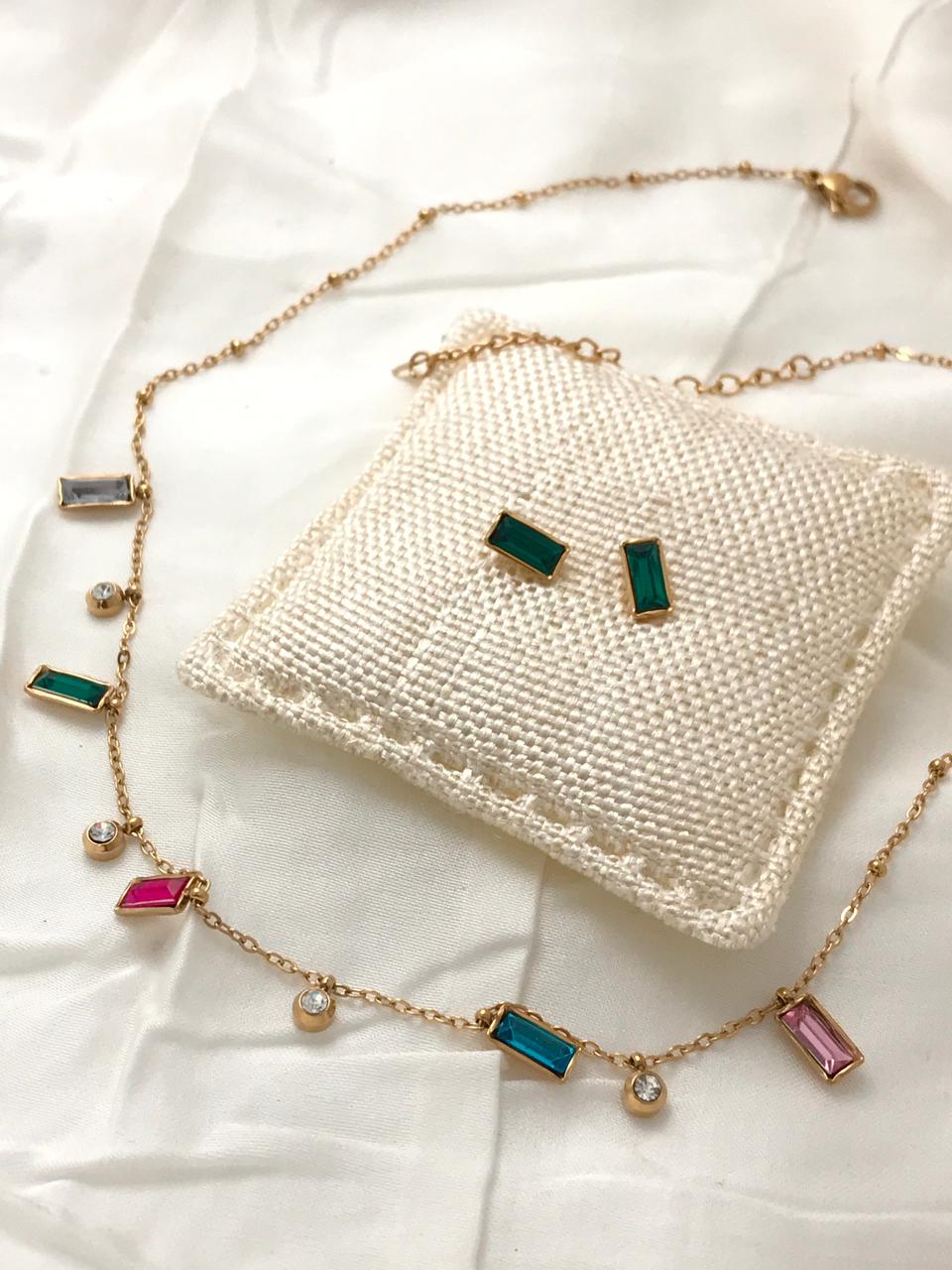 Gold-Tone Multi-color Square Crystal  Necklace