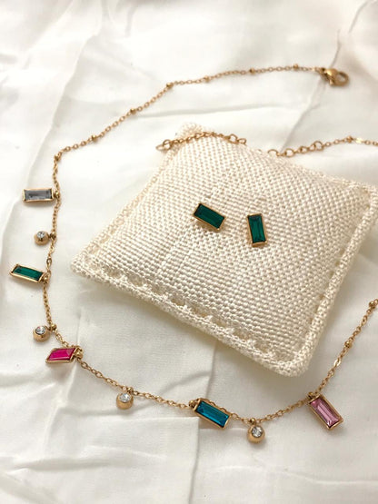 Gold-Tone Multi-color Square Crystal  Necklace