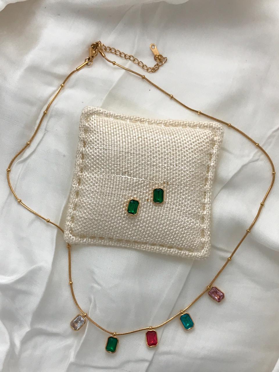 Gold-Tone Multi-color Square Crystal  Necklace