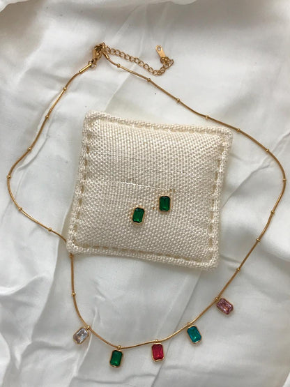 Gold-Tone Multi-color Square Crystal  Necklace