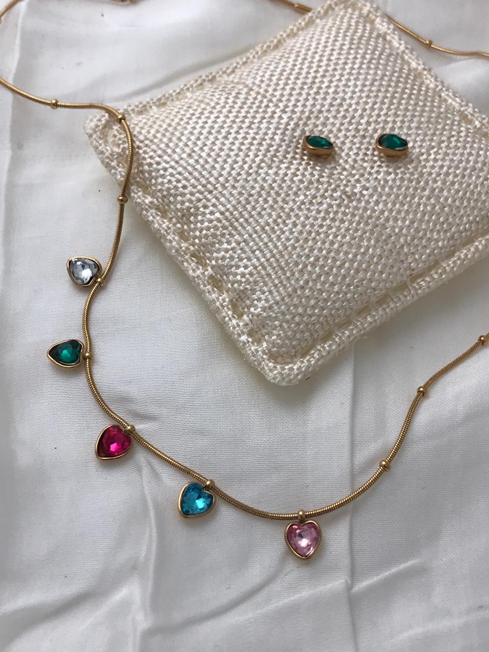 Gold-Tone Multi-color Heart Crystal Necklace