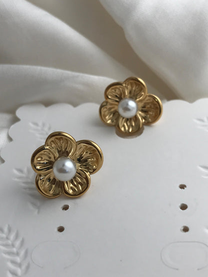 Gold Flower Pearl Stud Earrings
