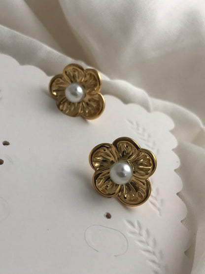 Gold Flower Pearl Stud Earrings