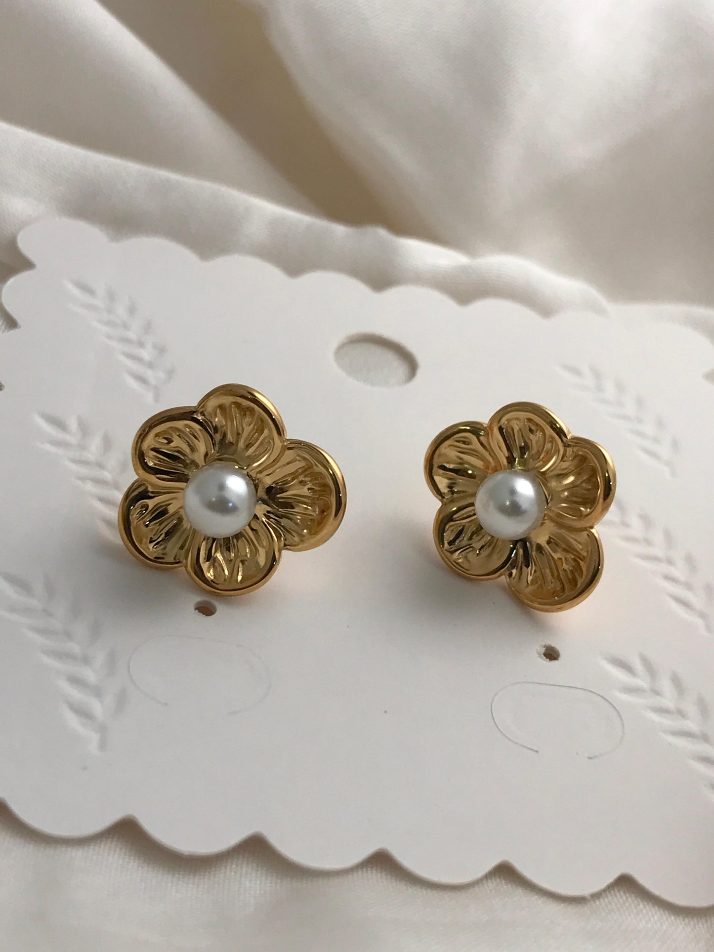 Gold Flower Pearl Stud Earrings