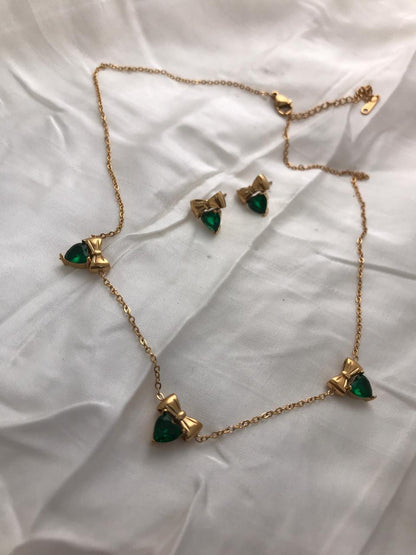 Gold-Tone Bow And Emerald Crystal Necklace