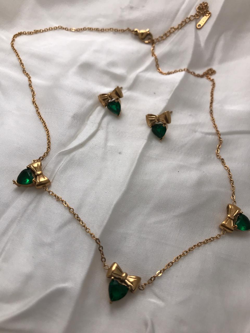 Gold-Tone Bow And Emerald Crystal Necklace