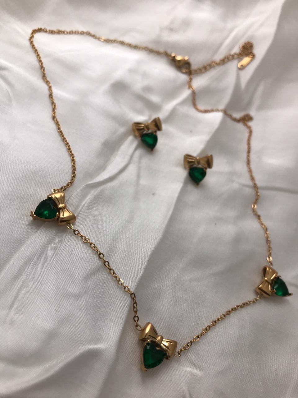 Gold-Tone Bow And Emerald Crystal Necklace