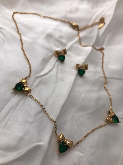 Gold-Tone Bow And Emerald Crystal Necklace