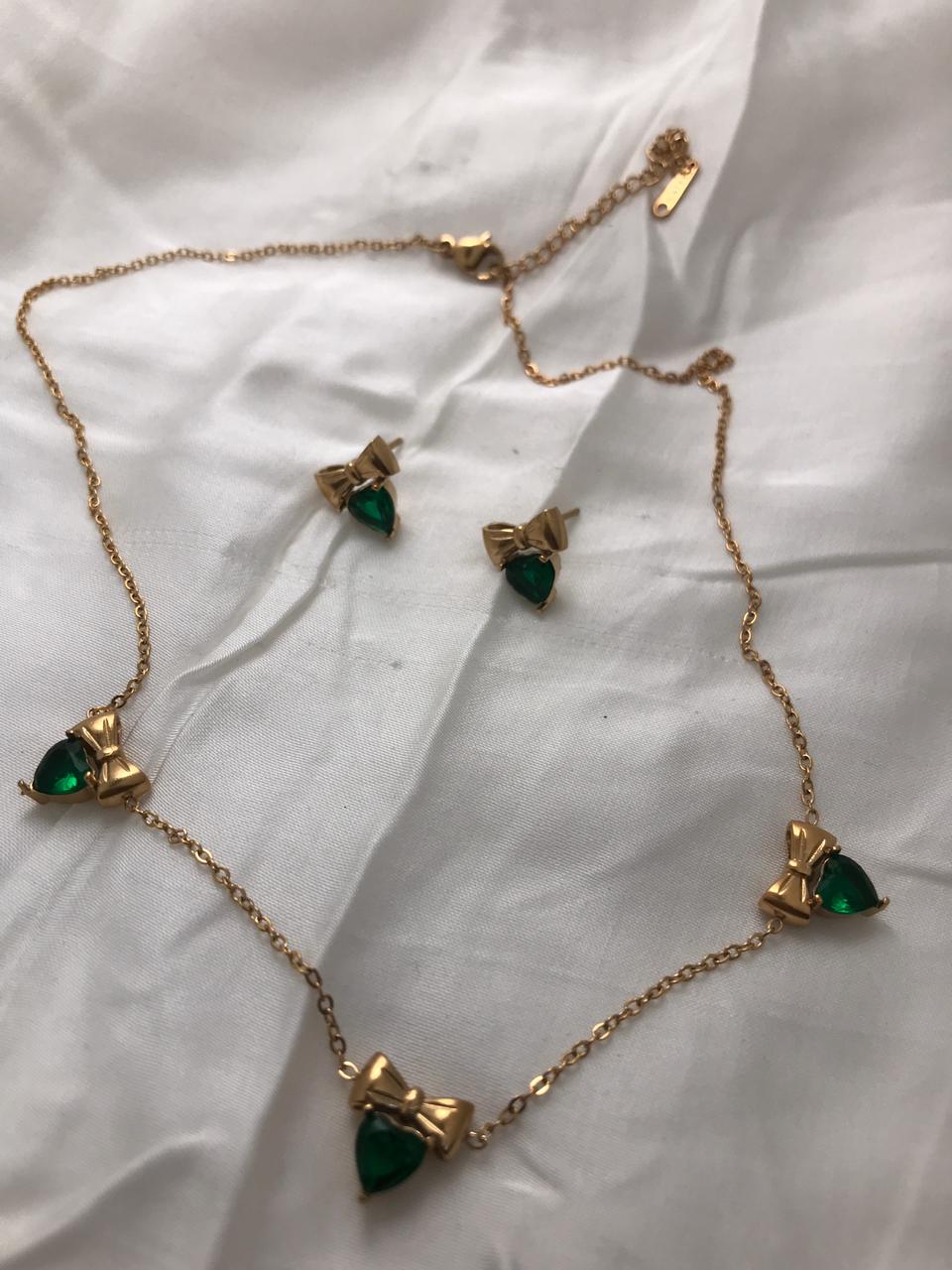 Gold-Tone Bow And Emerald Crystal Necklace