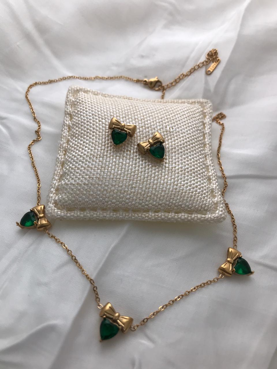 Gold-Tone Bow And Emerald Crystal Necklace