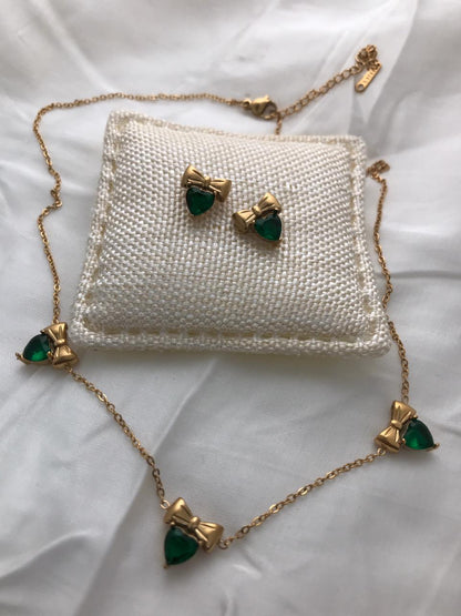 Gold-Tone Bow And Emerald Crystal Necklace