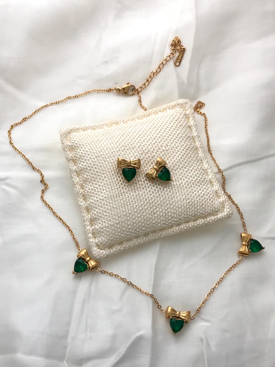 Gold-Tone Bow And Emerald Crystal Necklace