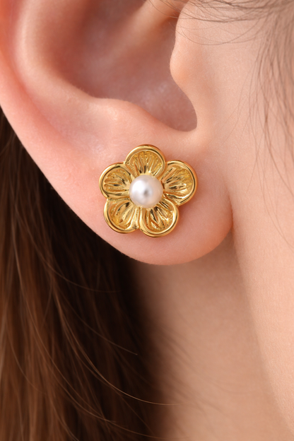 Gold Flower Pearl Stud Earrings