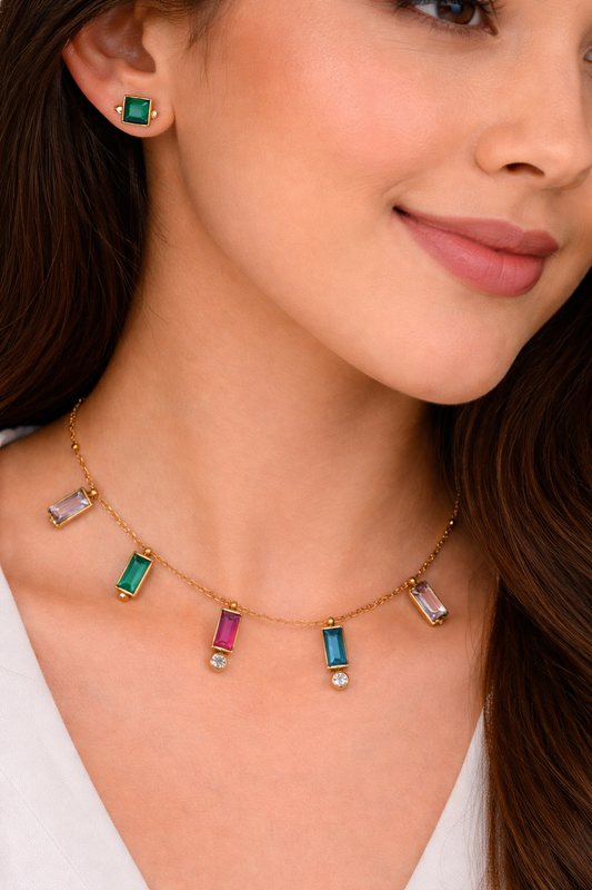 Gold-Tone Multi-color Square Crystal  Necklace