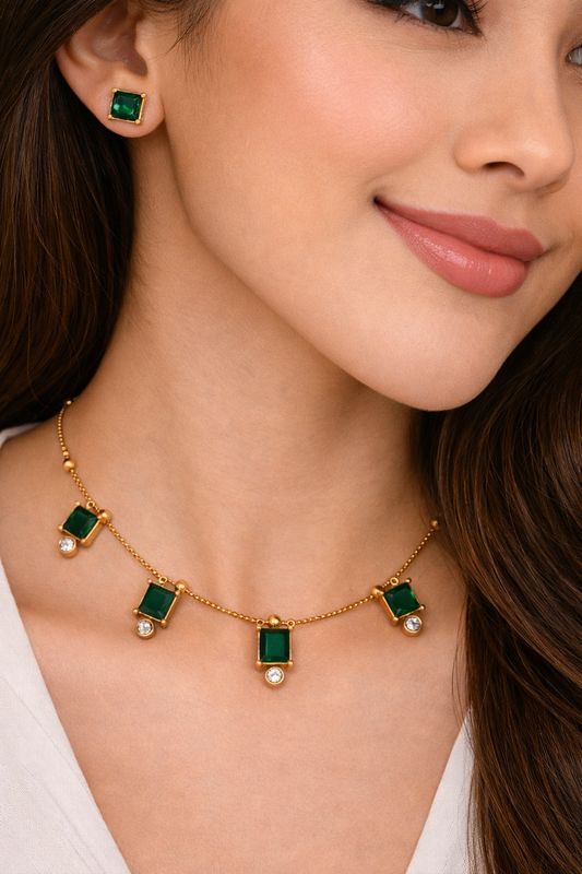 Gold-Tone Green Square Crystal  Necklace