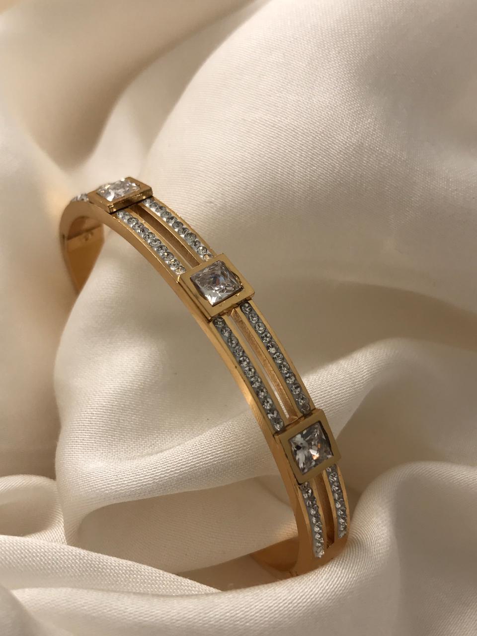 Gold Crystal Studded Square Motif Designer Bracelet