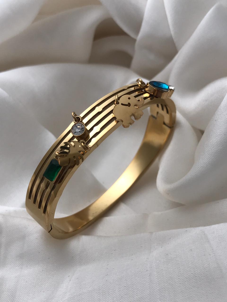 Gold Elephant & Gemstone Cuff Bracelet
