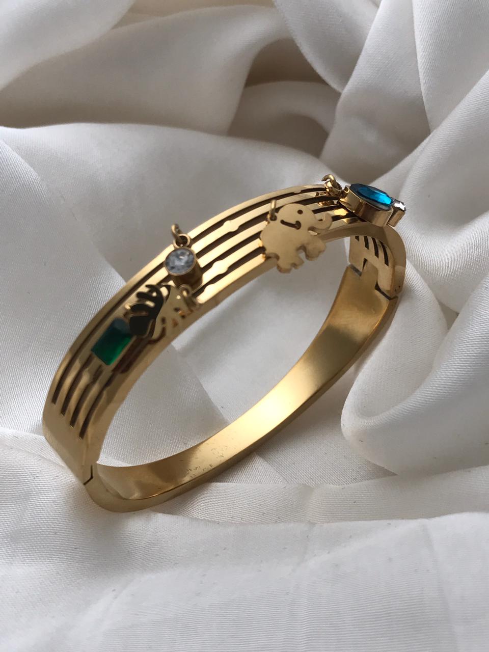 Gold Elephant & Gemstone Cuff Bracelet