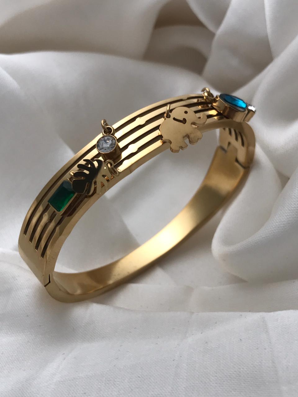 Gold Elephant & Gemstone Cuff Bracelet