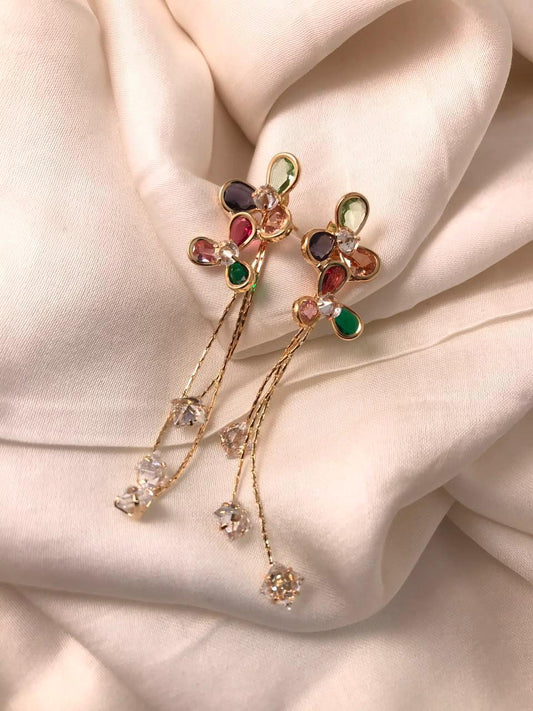 Gold-Plated Crystal Multicolor Clover Chain Drop Earrings