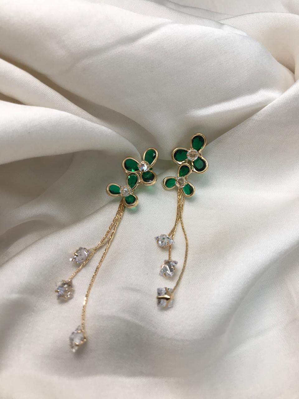 Gold-Plated Crystal Green Clover Chain Drop Earrings