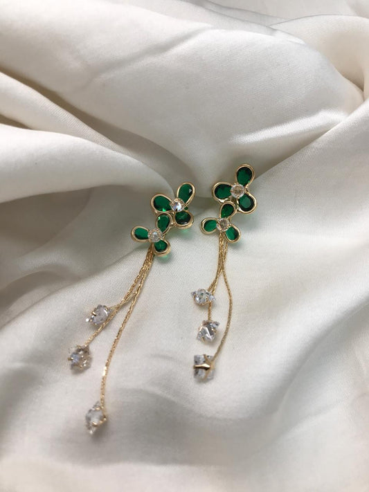 Gold-Plated Crystal Green Clover Chain Drop Earrings