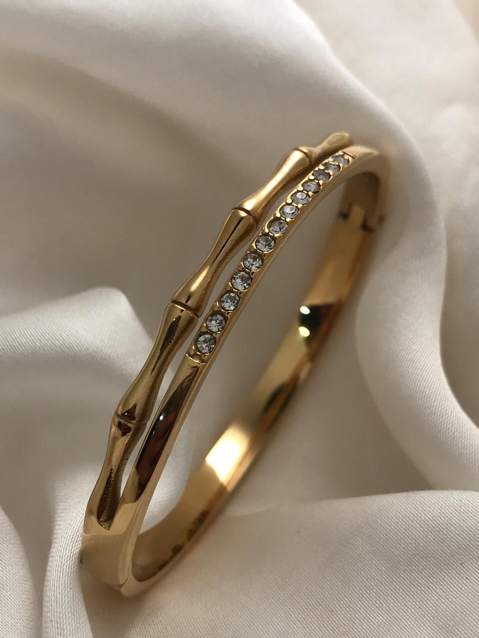 Gold Bamboo-Style Hinged Bracelet