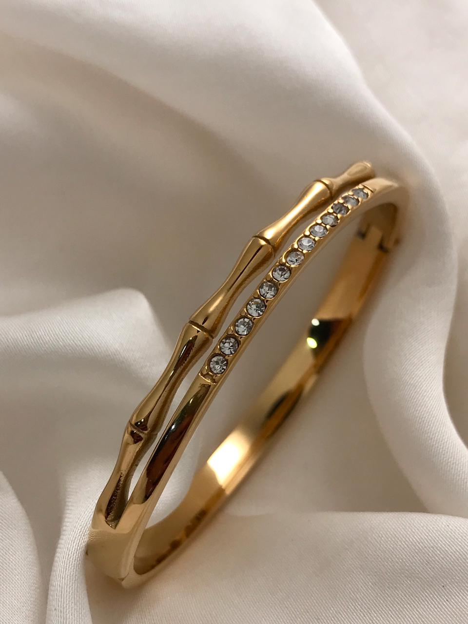 Gold Bamboo-Style Hinged Bracelet