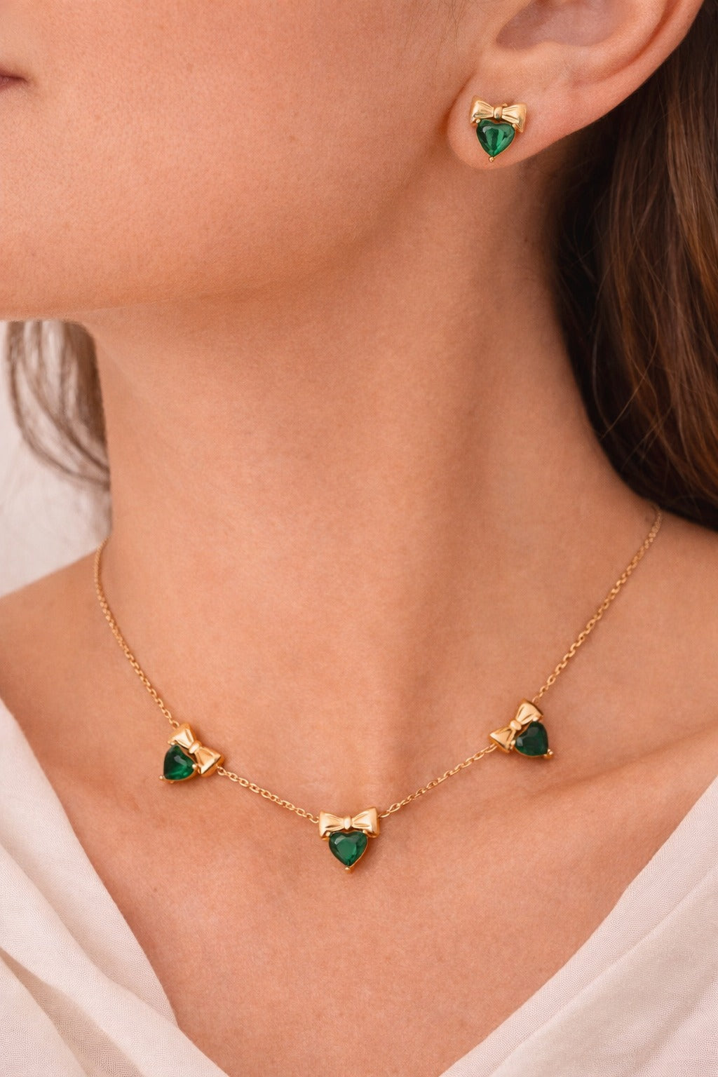 Gold-Tone Bow And Emerald Crystal Necklace